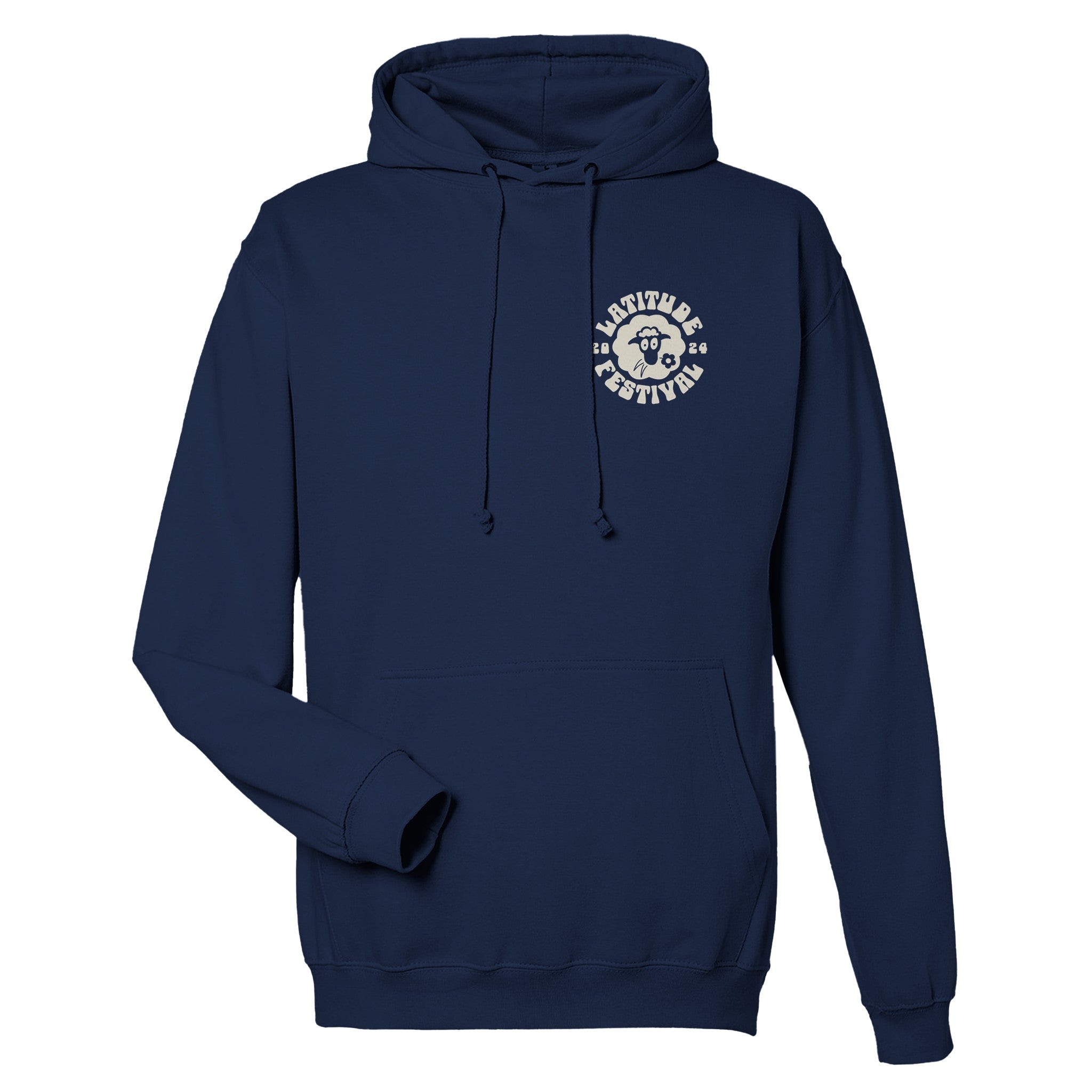 The Latitude Bubbly Psychedelic Navy Pullover Hoodie from Latitude Festival Store is a unisex, made-to-order sweatshirt with a front pocket and left chest circular graphic reading ELECTRIC AVE FESTIVAL around a face with glasses.