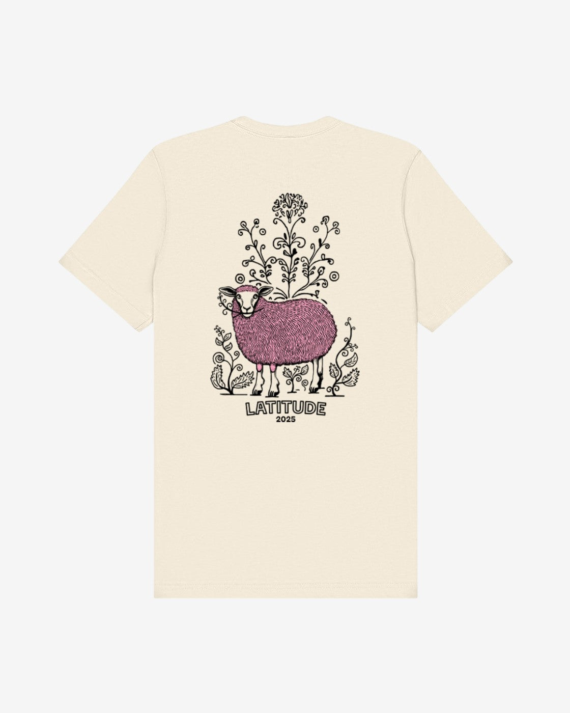 The Latitude 2025 Pink Sheep Natural T-Shirt from Latitude Festival Store is a cream unisex tee with a pink sheep among plants, LATITUDE and 2025 beneath the graphic, made of soft Airlume cotton with vibrant DTG printing.