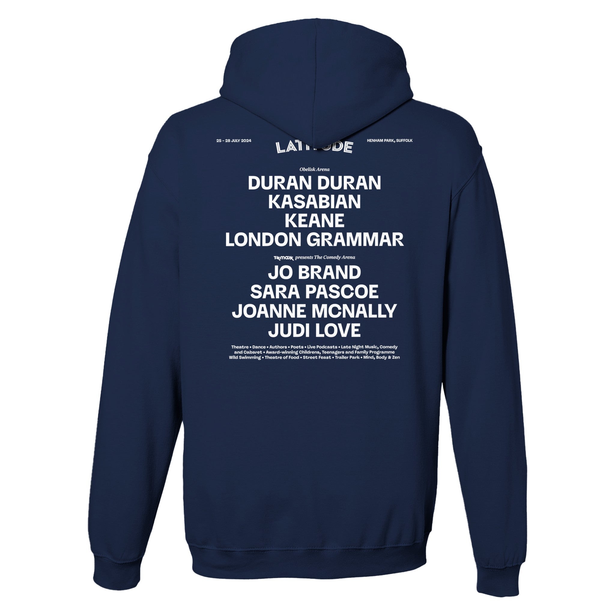 The Latitude 2024 Line Up Navy Pullover Hoodie from the Latitude Festival Store features a unisex fit and showcases the festival lineup—including Duran Duran, Kasabian, Keane, and top comedians—in white text on the back.
