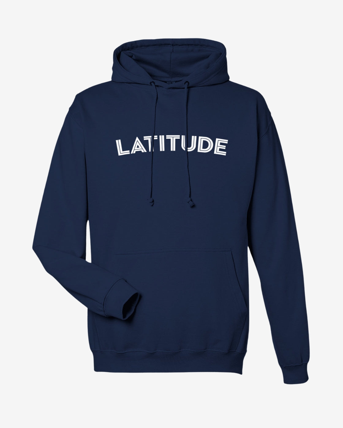 Navy blue hoodie with 'LATITUDE' text on a light gray background
