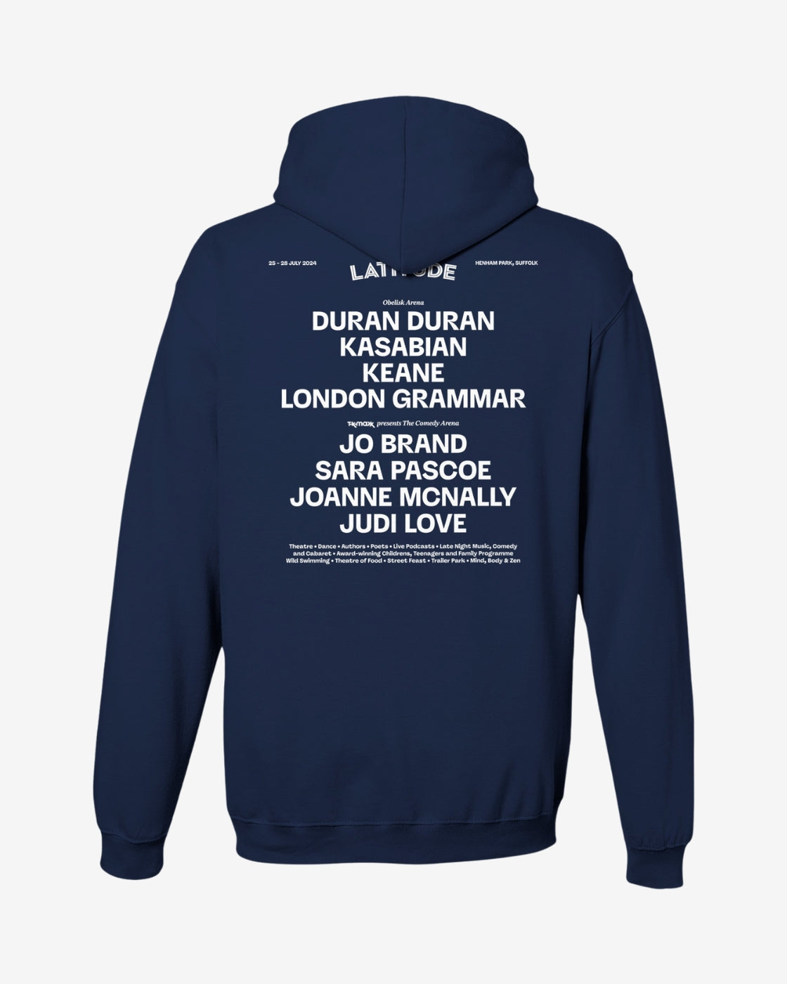 Navy blue hoodie with white text on the back on a light gray background