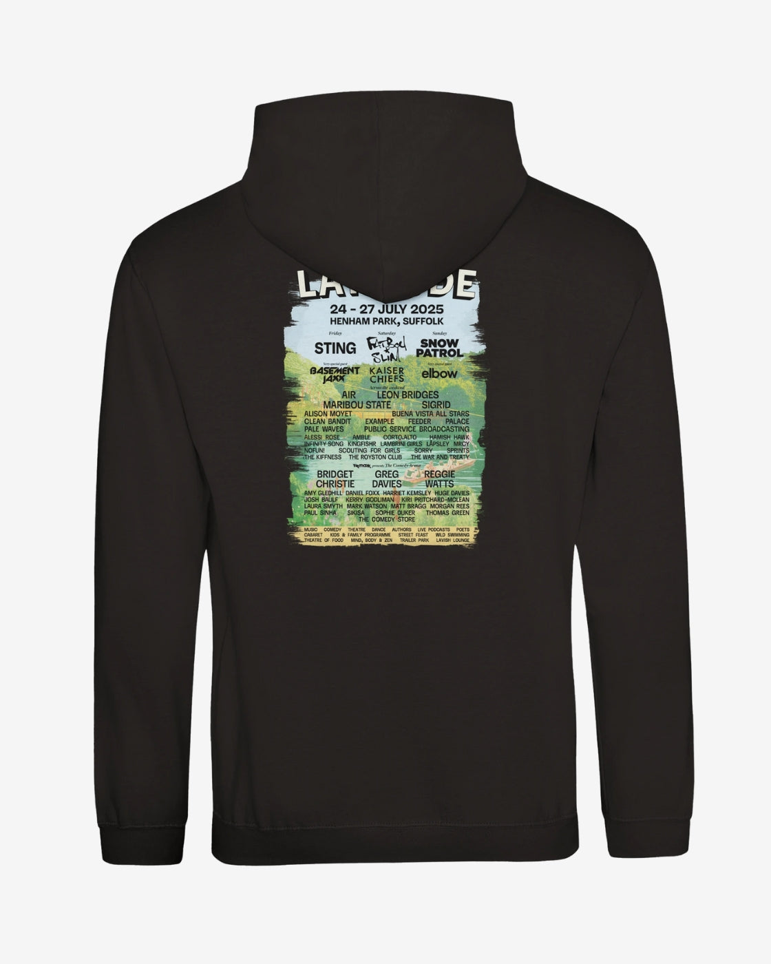 Black hoodie with a colorful graphic on the back against a white background