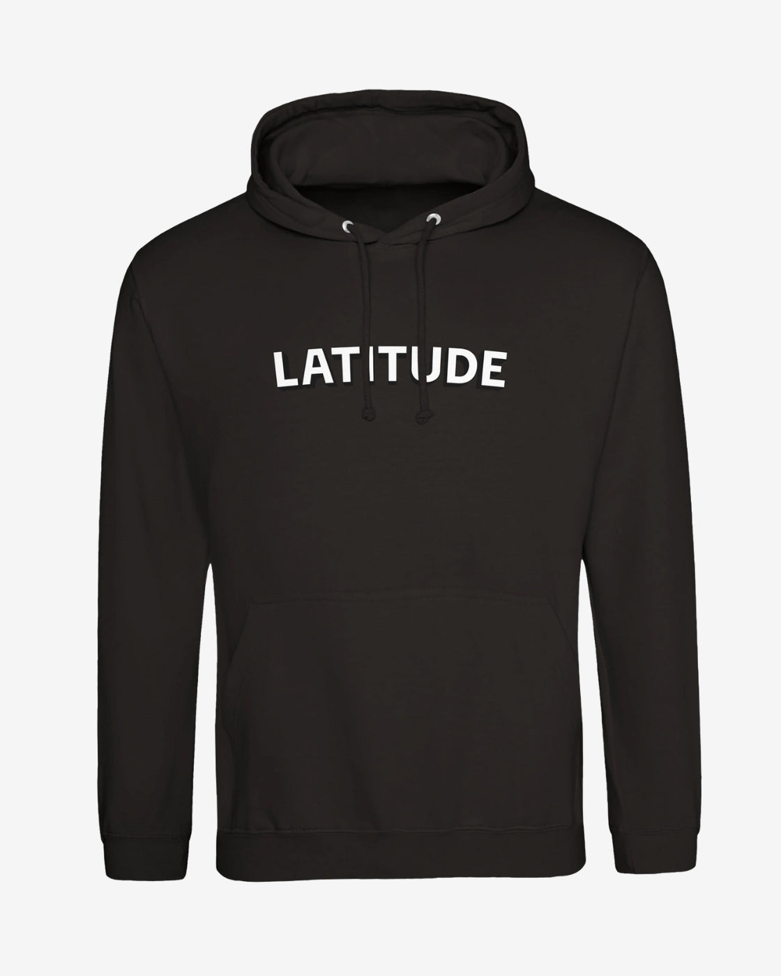 Black hoodie with 'LATITUDE' printed on it against a white background