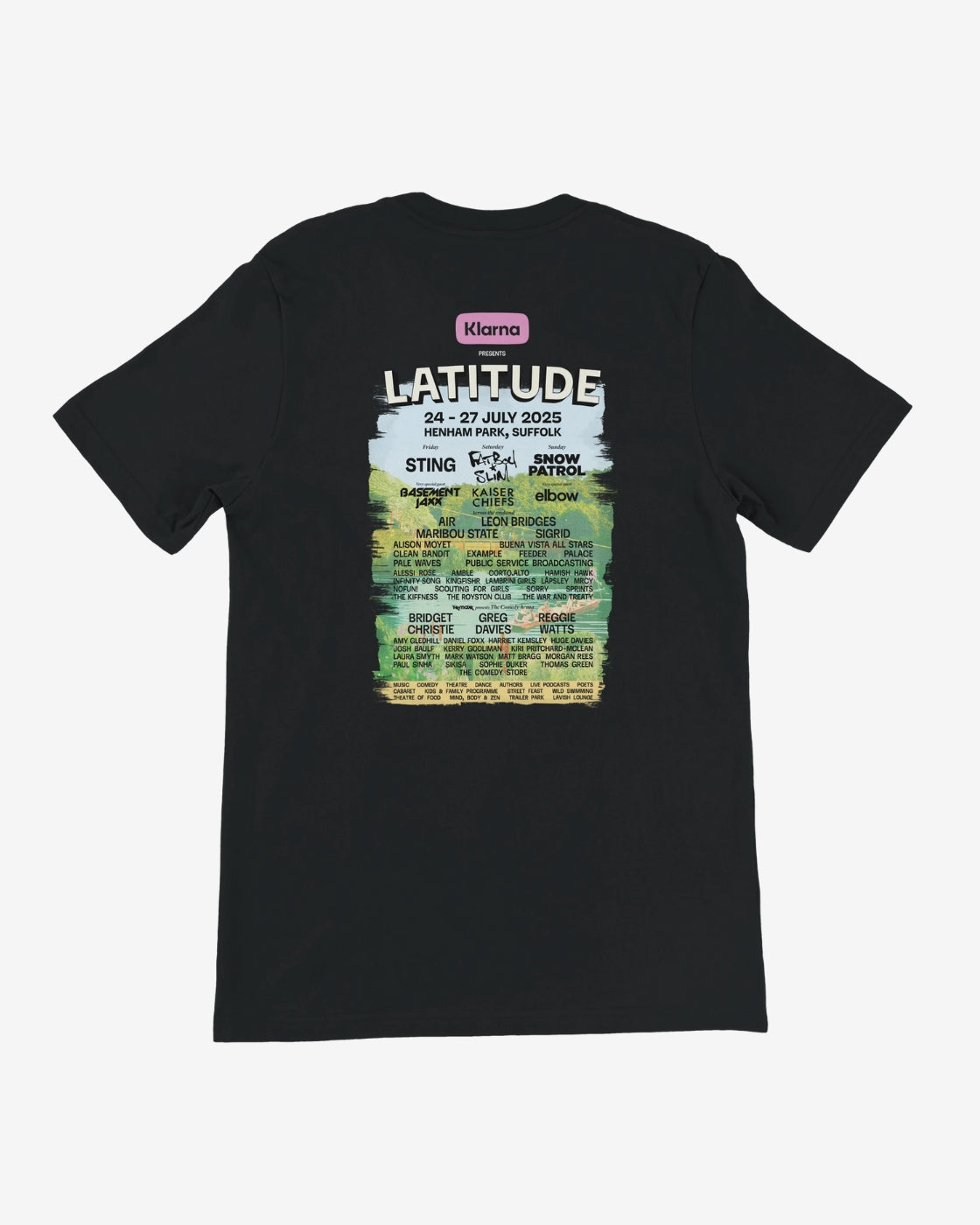 Black t-shirt with 'Latitude' event graphic on a white background