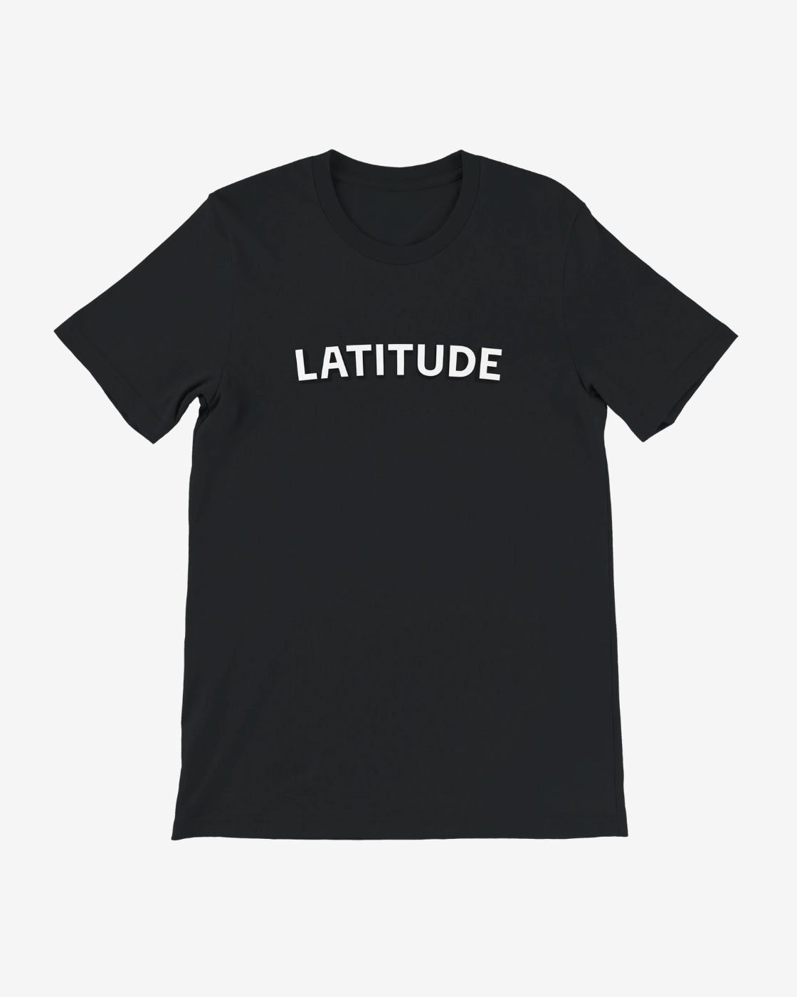 Black t-shirt with 'LATITUDE' printed on a white background