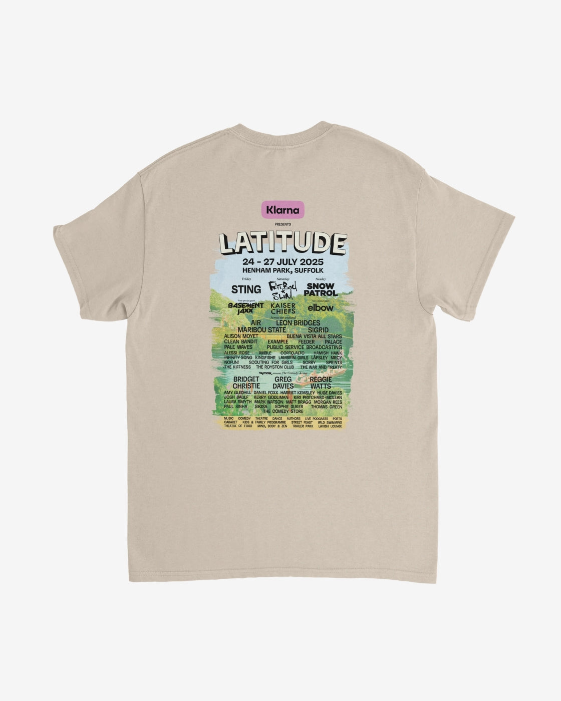 Beige t-shirt with 'Latitude' event graphic on a white background