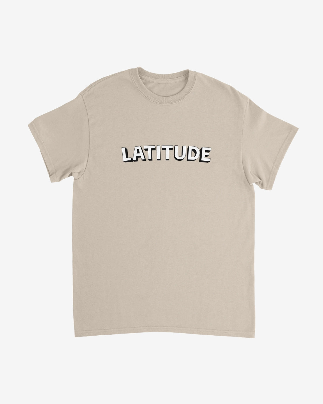 Beige t-shirt with 'LATITUDE' text on a white background