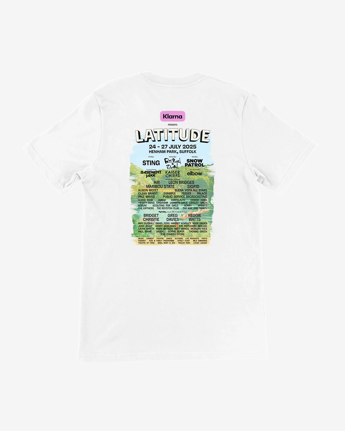 The Latitude Festival Store’s Latitude 2025 Line-Up White T-Shirt features the colorful festival lineup—Sting, Cat Power, Snow Patrol—on soft Airlume cotton with event details above scenic art, in a unisex tailored fit.