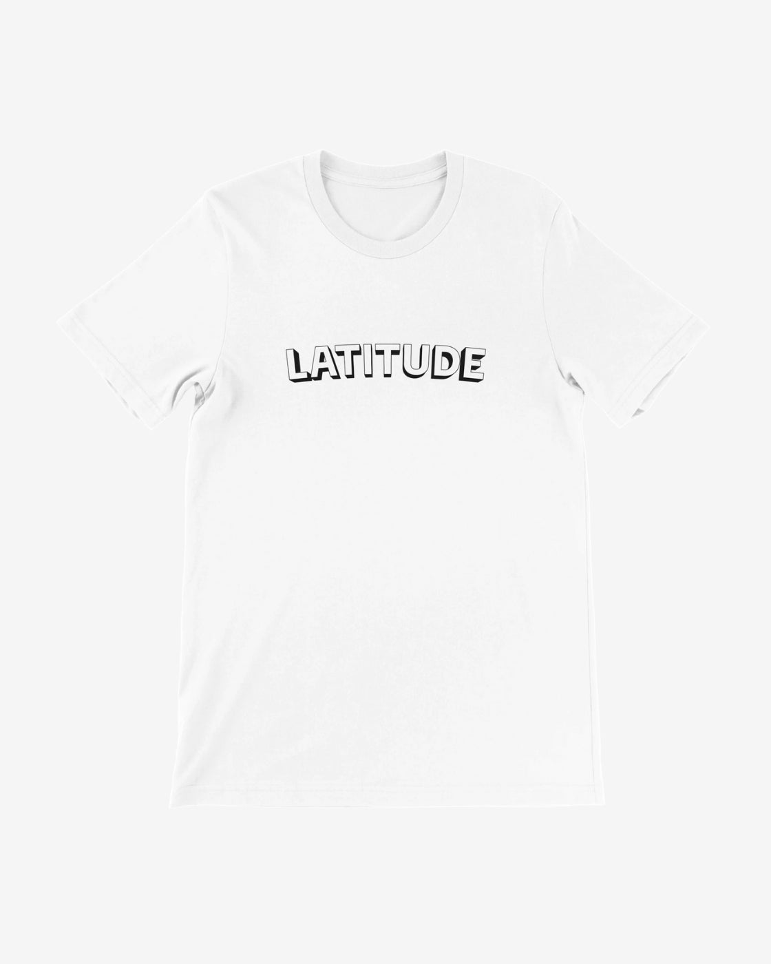 White tank top with 'LATITUDE' text on a white background