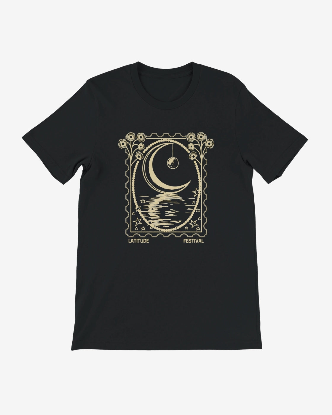 Black t-shirt with a gold graphic design on a white background