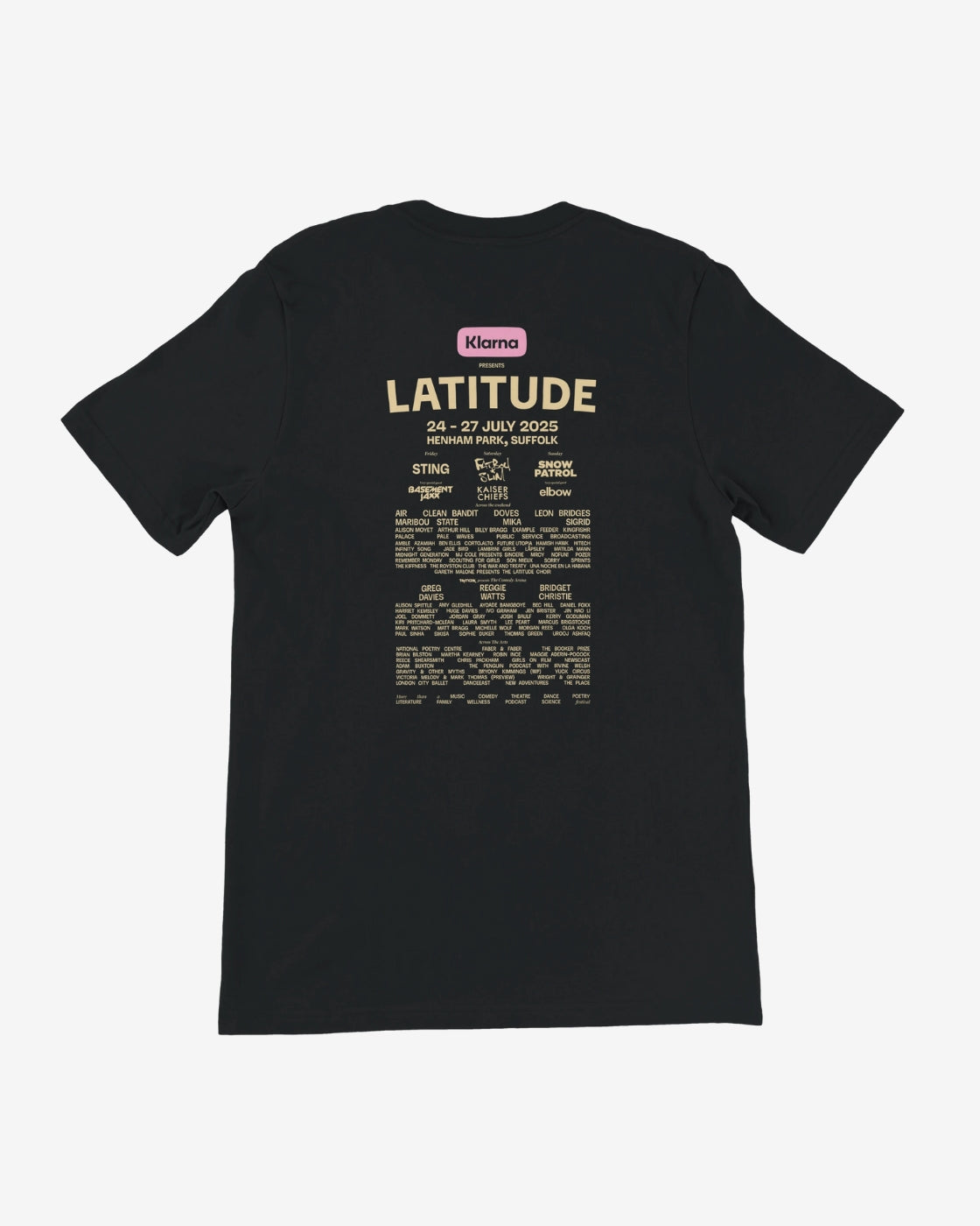 Black t-shirt with 'Latitude' event details on the back against a white background