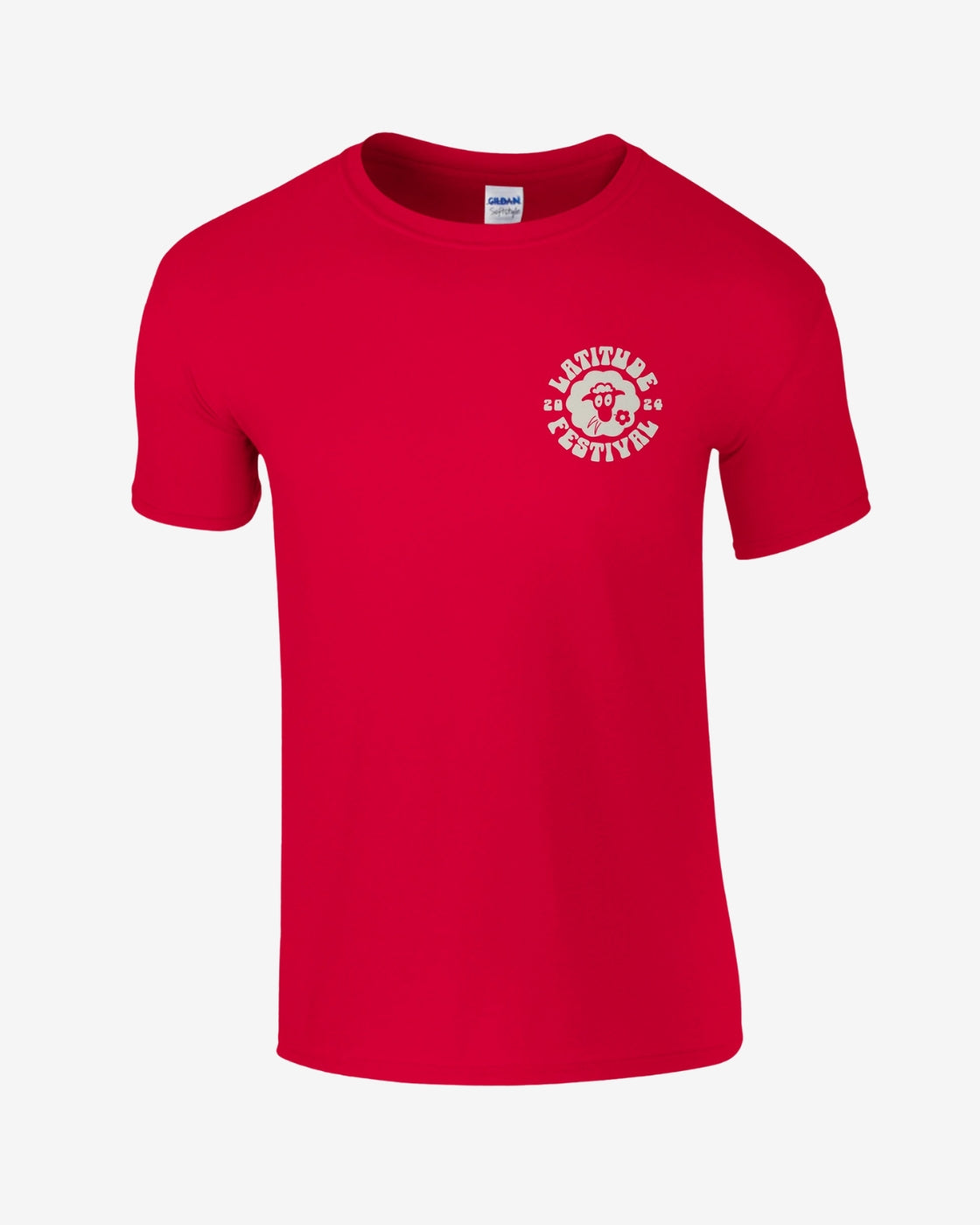 Red t-shirt with a logo on the chest against a white background