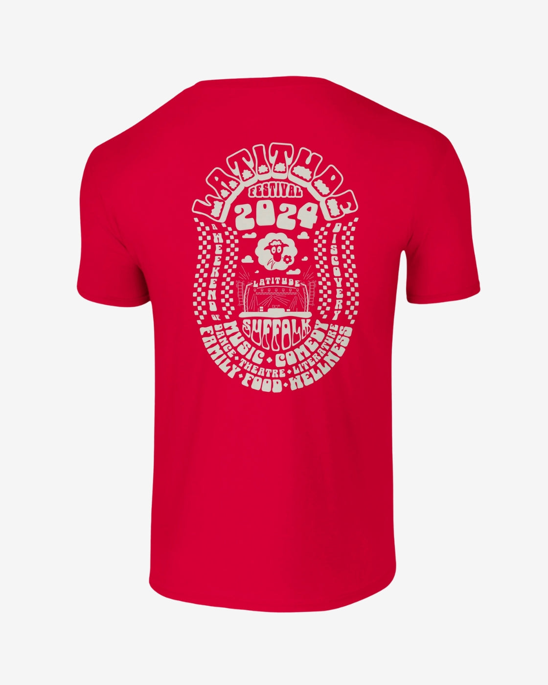 Red t-shirt with white graphic design on a white background