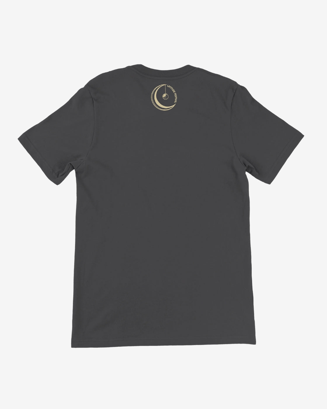 Black t-shirt with a gold logo on the back against a white background