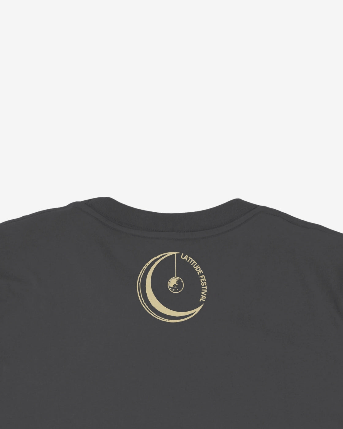 Black t-shirt with a gold circular design on the back against a white background