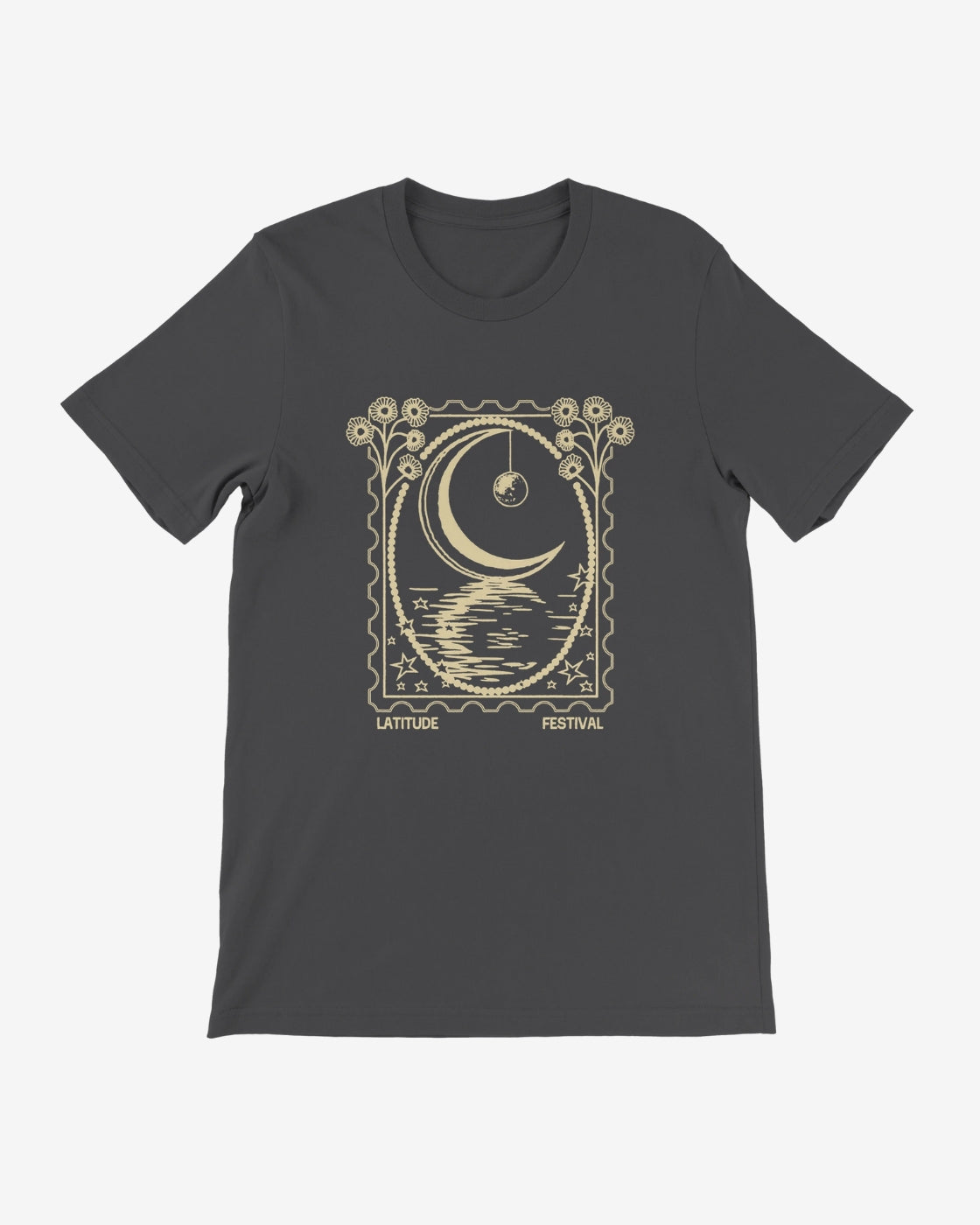 Dark gray t-shirt with a gold graphic design on a white background