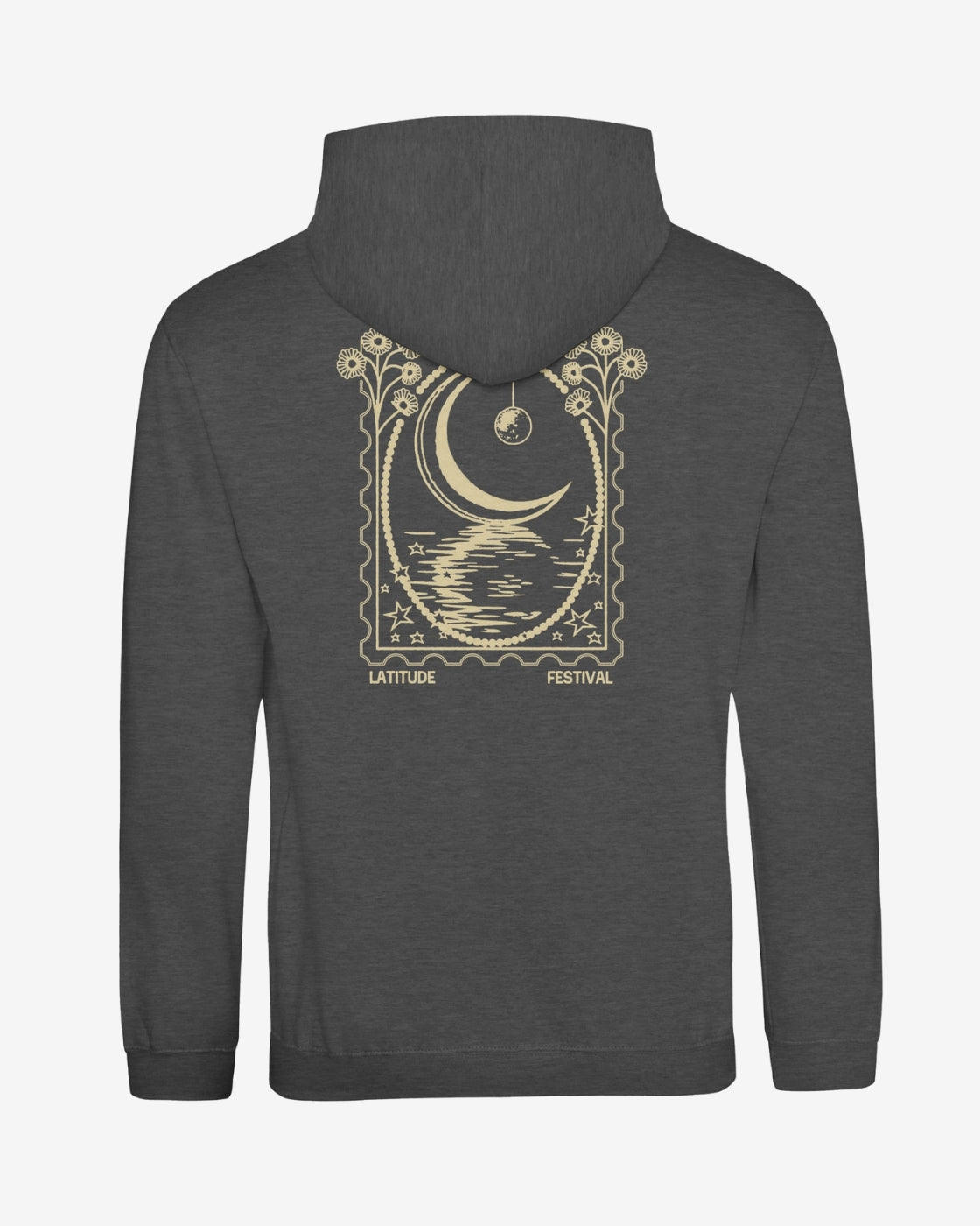 Dark gray hoodie with a celestial design on the back against a white background