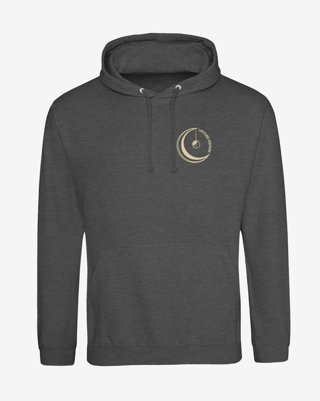 Dark gray hoodie with a logo on the chest against a light gray background