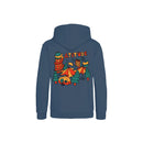Latitude Kids 2024 Drawn Blue Hoodie by Latitude Festival features a colorful back illustration with tents, trees, a campfire, van, and musical notes under bold LATITUDE—ideal for young festival fans.