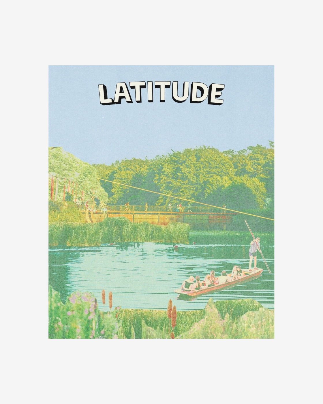 A pastel illustration of people boating on a calm river with green trees, featuring Sketch Book and 2025 in bold white letters at the top against a light blue sky.