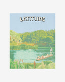 A pastel illustration of people boating on a calm river with green trees, featuring Sketch Book and 2025 in bold white letters at the top against a light blue sky.