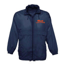 The Latitude Blue/Orange Cloud Rain Jacket from Latitude Festival Store features a hood, front zipper, elastic cuffs, and a bold orange LATITUDE logo with mountain graphic on the left chest—ideal for outdoor adventures.