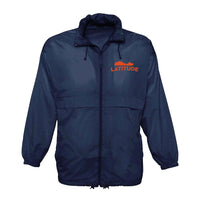 The Latitude Blue/Orange Cloud Rain Jacket from Latitude Festival Store features a hood, front zipper, elastic cuffs, and a bold orange LATITUDE logo with mountain graphic on the left chest—ideal for outdoor adventures.
