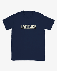 The Latitude Kids 2026 Line-Up Navy T-Shirt from the Latitude Festival Store is crafted from heavyweight fabric and showcases the word "LATITUDE" in bold white letters, with "twentieth edition" in smaller white text centered below on the chest. This made-to-order tee is pre-shrunk to ensure a perfect, lasting fit.