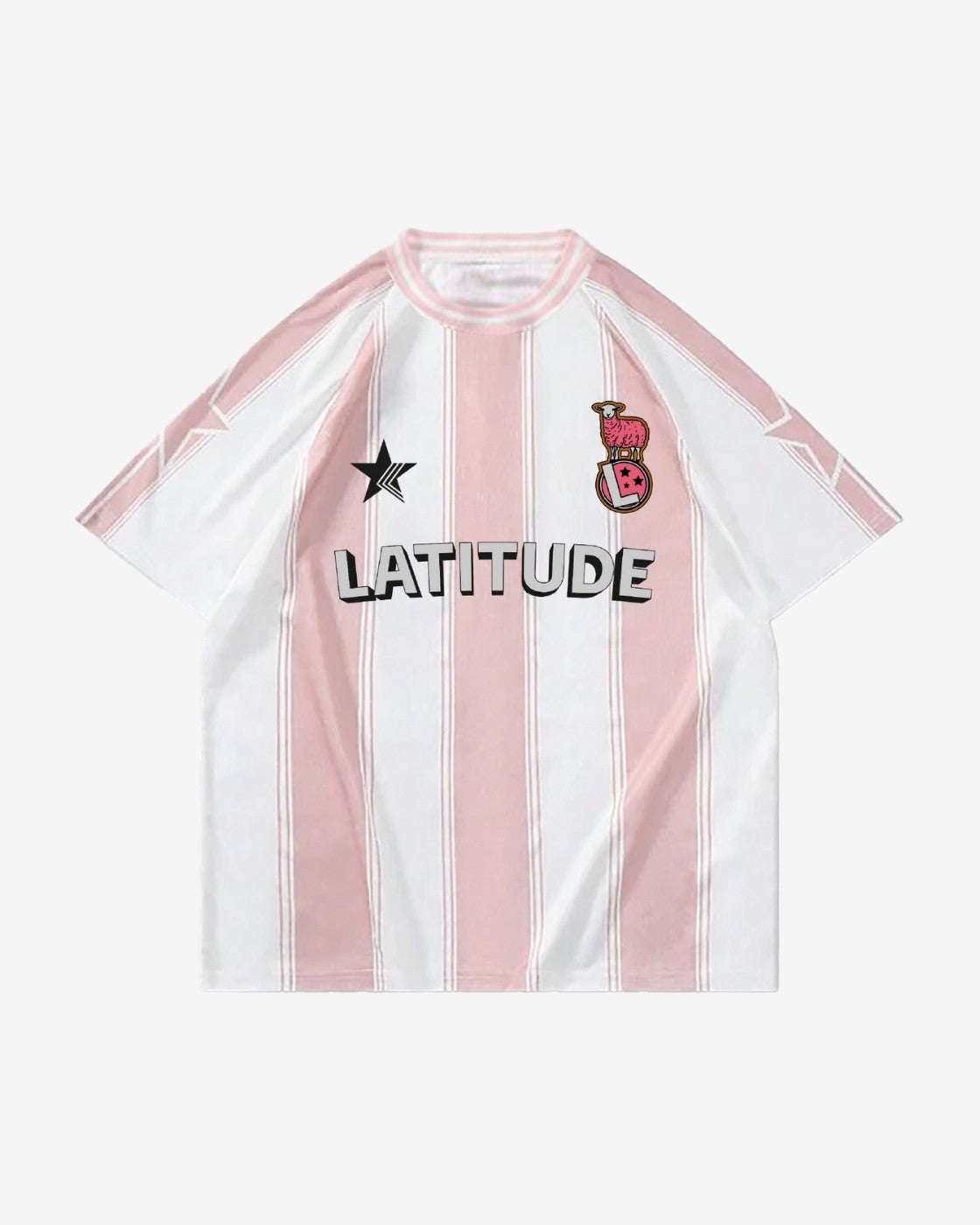 The 2025 Football Shirt is a short-sleeved tee with vertical pink and white stripes, a black star, crest with B, and LATITUDE printed on the chest.