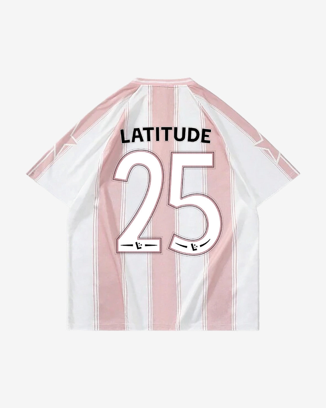 A pink and white vertical striped Football Shirt by 2025, shown from the back with LATITUDE in bold black letters above a large black number 25 outlined in white.