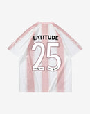 A pink and white vertical striped Football Shirt by 2025, shown from the back with LATITUDE in bold black letters above a large black number 25 outlined in white.
