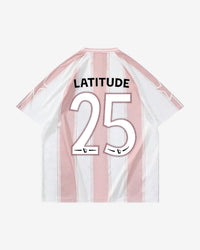 A pink and white vertical striped Football Shirt by 2025, shown from the back with LATITUDE in bold black letters above a large black number 25 outlined in white.