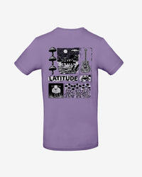 The Fashion T Shirt - Purple Mushroom by 2025 is a lavender tee with a black and white back graphic of mushrooms, a moonlit lake, guitar, sheep, wildflowers, and LATITUDE in bold.
