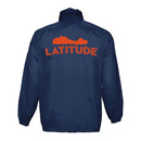 The Latitude Blue/Orange Cloud Rain Jacket from Latitude Festival Store features elastic cuffs, bold LATITUDE in orange, and an orange cloud graphic on the back for a standout look.