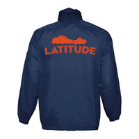 The Latitude Blue/Orange Cloud Rain Jacket from Latitude Festival Store features elastic cuffs, bold LATITUDE in orange, and an orange cloud graphic on the back for a standout look.