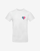 The 2025 Latitude Fashion T Shirt - Love Heart Flags features a plain white design with a small heart on the left chest, split vertically into blue and pink halves.