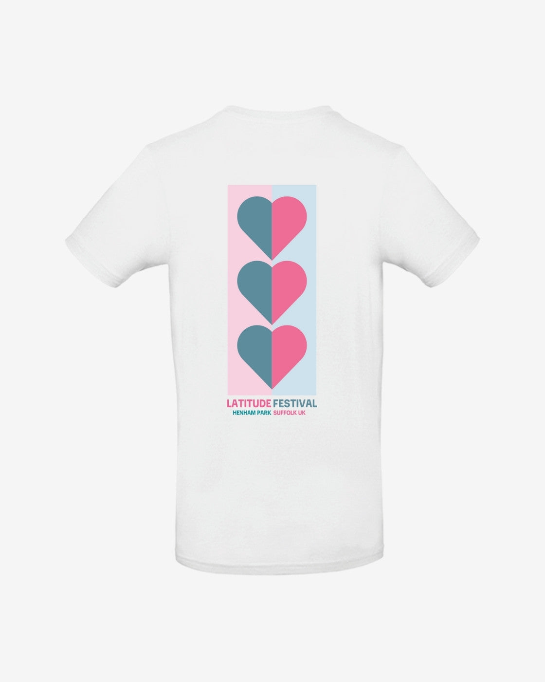The Latitude Fashion T Shirt - Love Heart Flags by 2025 is a white tee with a vertical blue and pink heart design on the back and Latitude Festival, Henham Park, Suffolk, UK text.