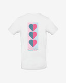 The Latitude Fashion T Shirt - Love Heart Flags by 2025 is a white tee with a vertical blue and pink heart design on the back and Latitude Festival, Henham Park, Suffolk, UK text.