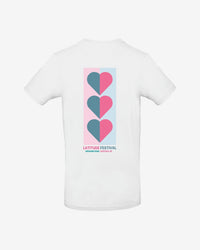 The Latitude Fashion T Shirt - Love Heart Flags by 2025 is a white tee with a vertical blue and pink heart design on the back and Latitude Festival, Henham Park, Suffolk, UK text.