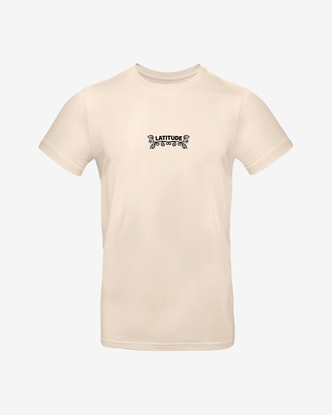 The 2025 Latitude Fashion T Shirt - Flowery Sheep is a light beige tee with LATITUDE and a small black graphic on the chest. It features a minimalistic design and a classic crew neckline.