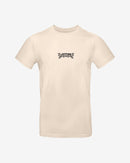 The 2025 Latitude Fashion T Shirt - Flowery Sheep is a light beige tee with LATITUDE and a small black graphic on the chest. It features a minimalistic design and a classic crew neckline.