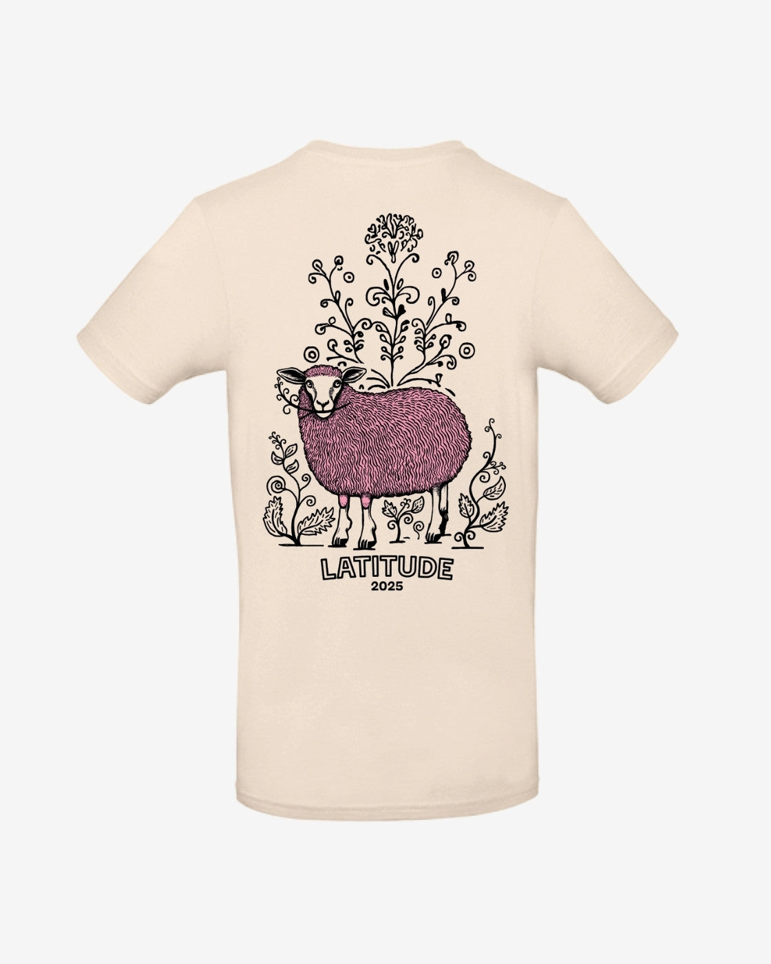The Latitude Fashion T Shirt - Flowery Sheep by 2025 is cream-colored and features a purple sheep in front of black floral designs, with LATITUDE 2025 written below.