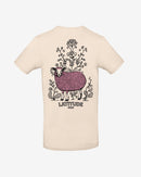 The Latitude Fashion T Shirt - Flowery Sheep by 2025 is cream-colored and features a purple sheep in front of black floral designs, with LATITUDE 2025 written below.
