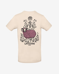 The Latitude Fashion T Shirt - Flowery Sheep by 2025 is cream-colored and features a purple sheep in front of black floral designs, with LATITUDE 2025 written below.