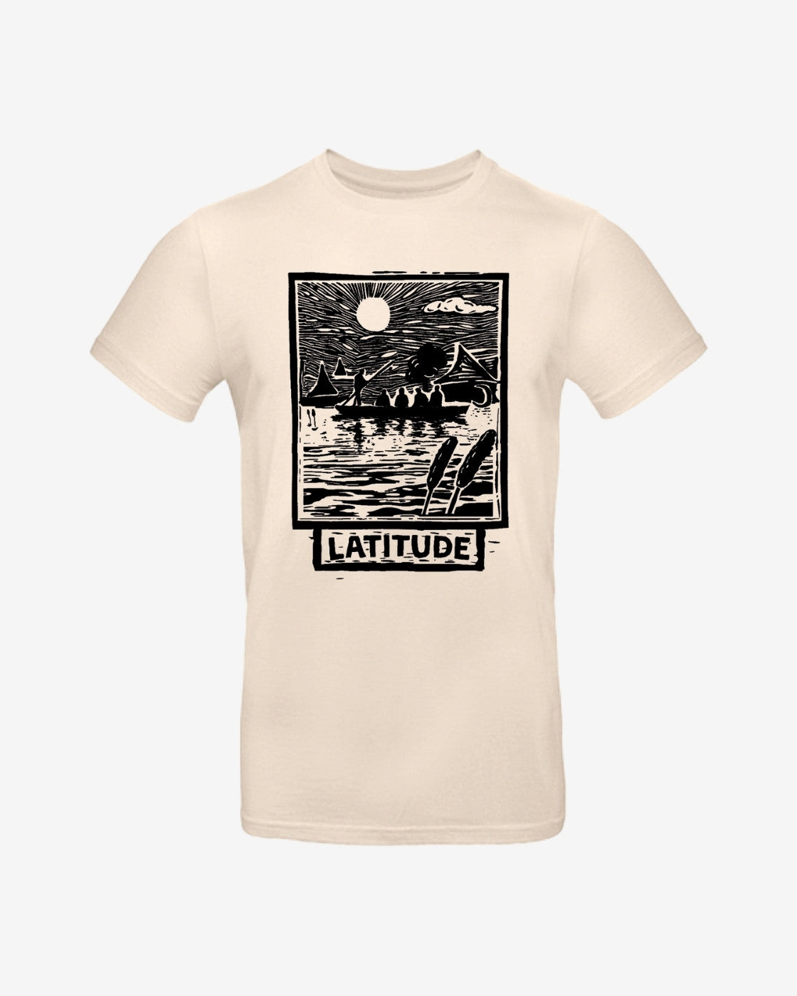 The Latitude Fashion T Shirt - Moon Stamp by 2025 is a cream tee with a black and white graphic of a sun over water and houses on stilts, featuring LATITUDE printed below the design.