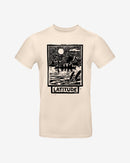 The Latitude Fashion T Shirt - Moon Stamp by 2025 is a cream tee with a black and white graphic of a sun over water and houses on stilts, featuring LATITUDE printed below the design.