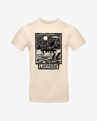 The Latitude Fashion T Shirt - Moon Stamp by 2025 is a cream tee with a black and white graphic of a sun over water and houses on stilts, featuring LATITUDE printed below the design.