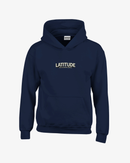 The Latitude Kids 2026 Line-Up Navy Hoodie by Latitude Festival Store is a stylish navy blue sweatshirt made from a soft cotton-polyester heavy blend. It features "LATITUDE" with smaller text printed beneath on the front and is showcased against a simple, light background.
