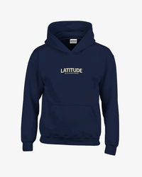 The Latitude Kids 2026 Line-Up Navy Hoodie by Latitude Festival Store is a stylish navy blue sweatshirt made from a soft cotton-polyester heavy blend. It features "LATITUDE" with smaller text printed beneath on the front and is showcased against a simple, light background.