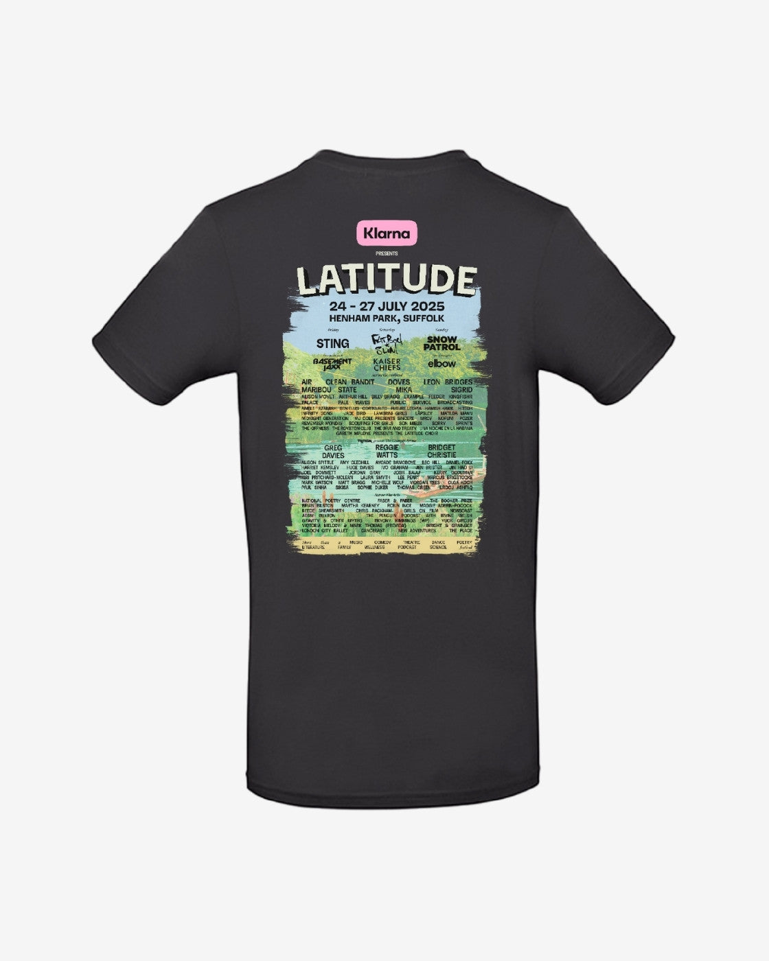 The 2025 Latitude Event T Shirt - Black features the festival lineup, including Sting, Kasabian, and London Grammar, above a colorful landscape graphic. Dates and location are also printed on the back.